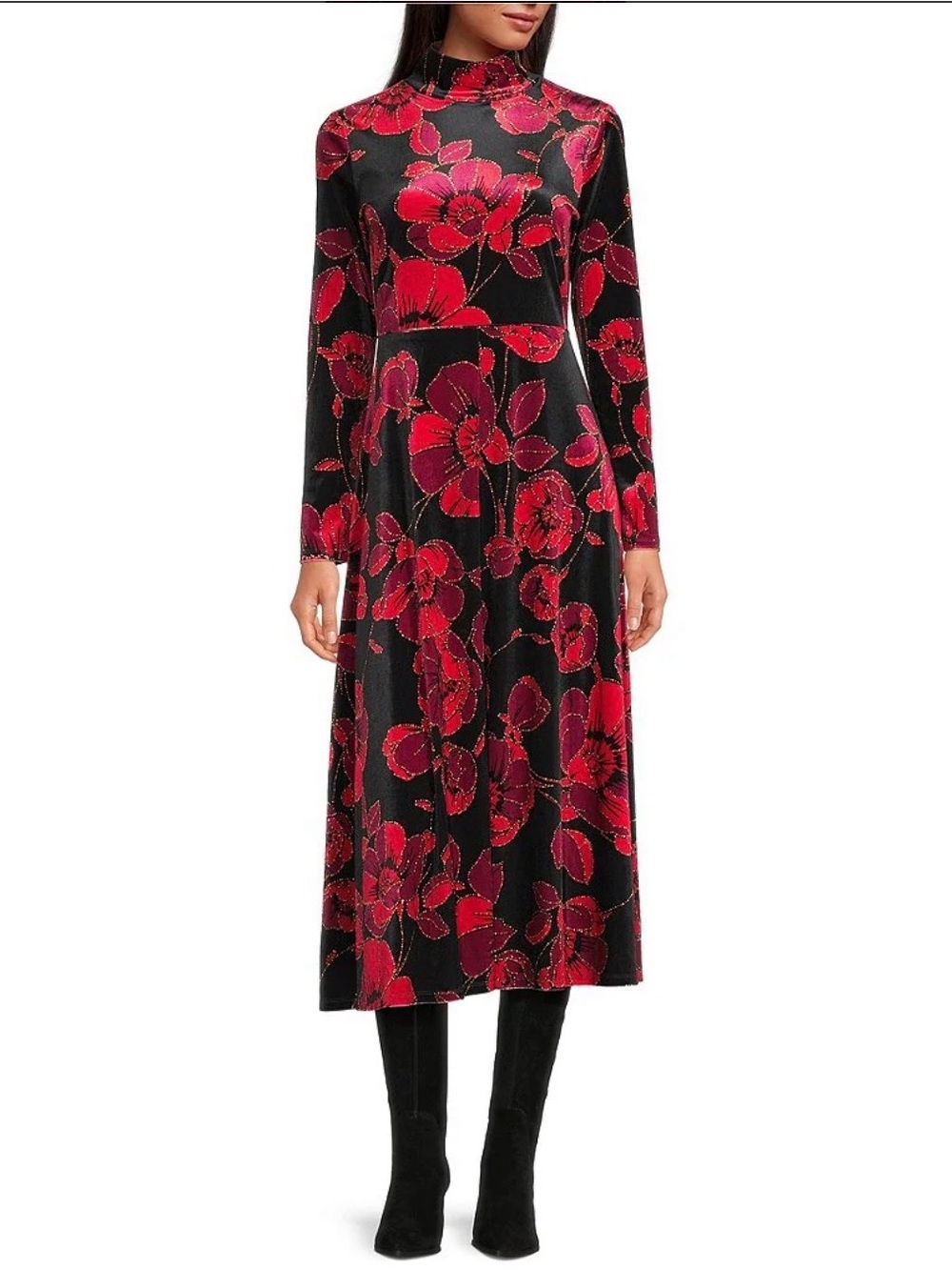 Chelsea & Violet Black & Red Floral Long-Sleeve Midi Dress, Size S, NWT